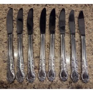8 Pc Dinner / Butter Knives Nasco Stainless Japan Rose FLATWARE SILVERWARE